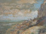 an oil painting of a beach scene with a boat in the water
