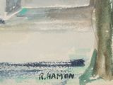 a watercolor painting of a tree on the street