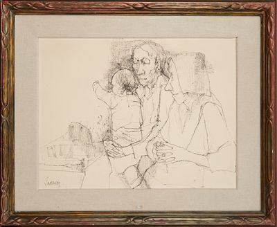 dessin représentant une femme et un enfant assis sur un banc devant un immeuble