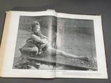 an open book with a black and white photo of a woman laying on a bench