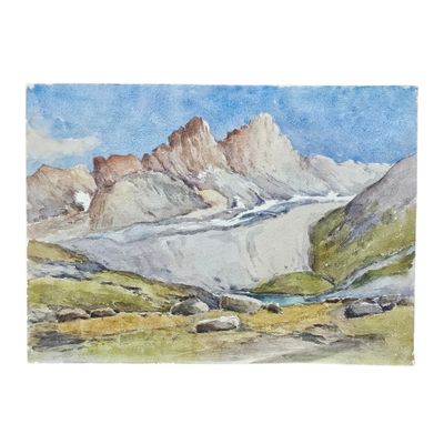 une aquarelle représentant un paysage de montagne avec un ruisseau