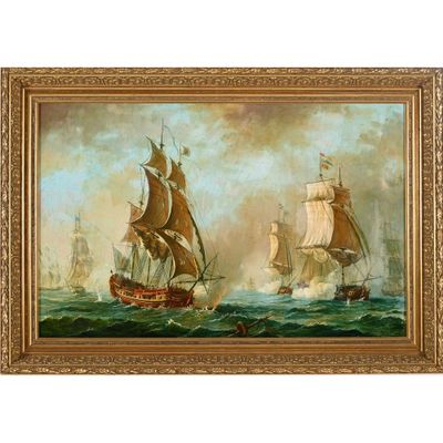 tableau représentant deux navires en mer, avec le ciel en arrière-plan