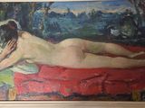 a painting of a naked woman laying on a red blanket