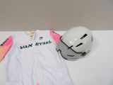 a helmet, shirt, and helmet laying on a table