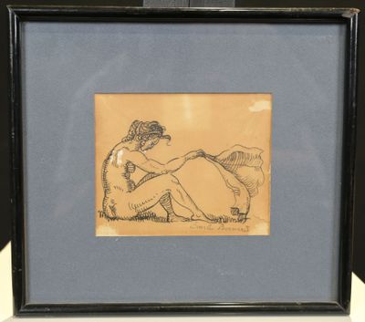framed drawing of a nude woman sitting on the ground