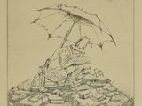 dessin représentant une femme assise sur une pile de livres, tenant un parapluie