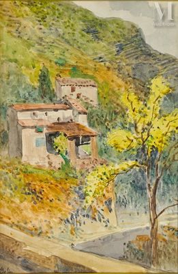 une image d'une peinture représentant une maison sur une colline