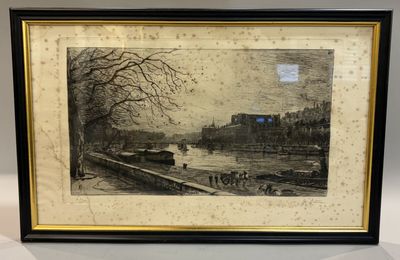 tableau représentant une scène fluviale avec des bateaux et des personnes sur l'eau
