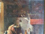 a painting of a woman in a kitchen with a dog