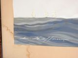 a painting of three sailboats on the water