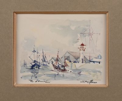 a picture of a painting of boats in the water