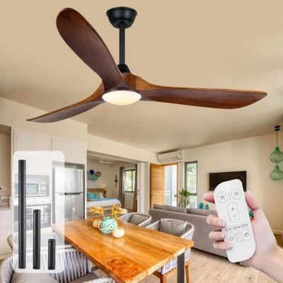a person holding a remote control in front of a dining room table