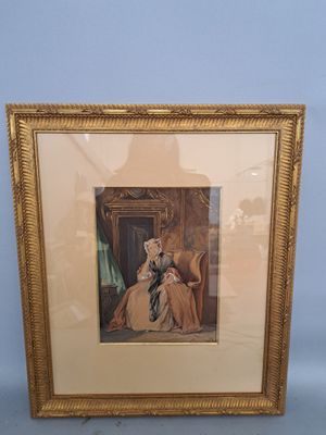 an old picture of a woman sitting on a chair in a room