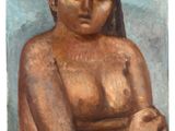 une peinture à l'huile représentant une femme aux cheveux longs et torse nu