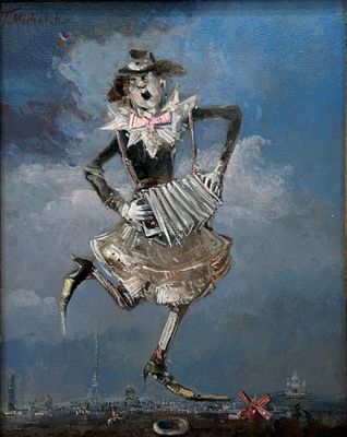 an image of a painting of a woman in a dress on a skateboard