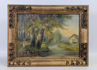 une peinture à l'huile représentant une scène fluviale avec une maison en arrière-plan
