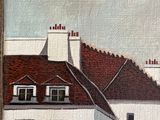 a painting of a white building with a red roof