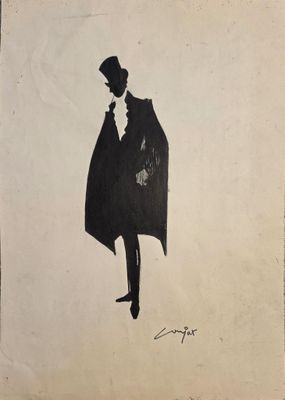 dessin représentant un homme coiffé d'un haut-de-forme et vêtu d'une cape, tenant une cigarette