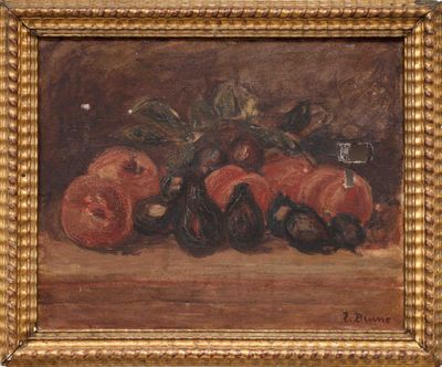 tableau représentant une nature morte composée de pommes et de figurines posées sur une table