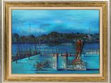 une peinture à l'huile représentant un homme debout sur un quai au bord d'un plan d'eau
