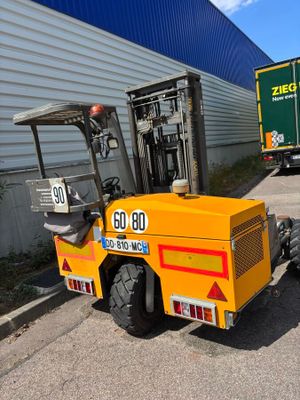 a forklift truck parked in front of a building