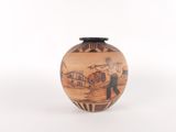a vase with a picture of a man and a boat on it