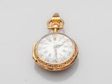 a close up of a gold pocket watch with roman numerals on the face