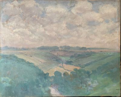 an image of a painting of a landscape with hills and trees