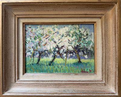an oil painting of an apple tree in bloom in a field