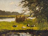a painting of ducks in the grass by the water