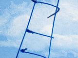 painting of a person on skis jumping over a ladder in the air