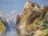 un tableau représentant un paysage de montagne avec un bateau sur l'eau