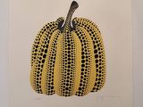 a painting of a yellow and black pumpkin on a white background