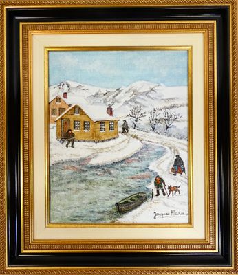 tableau représentant un paysage hivernal avec des personnages et un bateau sur l'eau