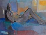 a painting of a woman laying on a bed