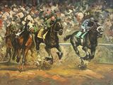 a painting of a group of horses racing on a track