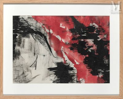 une image représentant une peinture abstraite noire et rouge dans un cadre en bois
