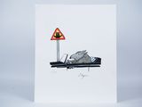 a white card with a drawing of a rat sitting on a road sign