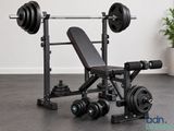 a bench with a barbell on it in a room