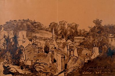 un dessin représentant une vue d'une ville depuis le sommet d'une colline