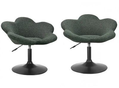 two green chairs with black bases and a black base on a white background