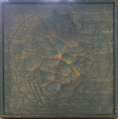 a painting on the wall of a building with a clock on it