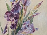 painting of purple flowers in a vase on a white surface