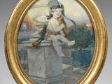 an image of a painting of a woman sitting on a ledge