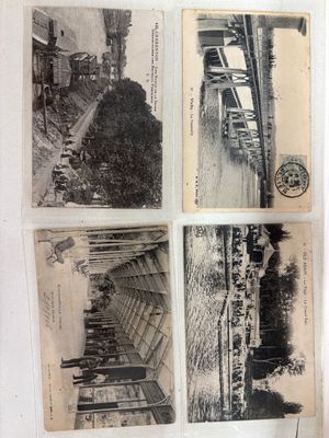 plusieurs vieilles photos en noir et blanc représentant un train sur une voie ferrée