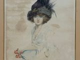 painting of a woman in a hat with a flower in her hand