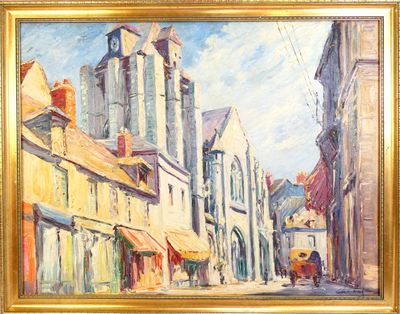 an oil painting of a street scene with buildings and a horse drawn carriage