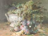 un tableau représentant des raisins et d'autres fruits posés sur une table