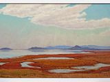 un tableau représentant un paysage avec un lac et des montagnes en arrière-plan