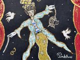 une image représentant un tableau où l'on voit une femme avec une cage à oiseaux sur la tête